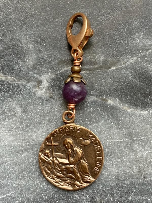 Bag Charm Catholic Saint Mary Magdalene Zipper Pull - Bronze and Lepidolite