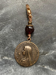 Bag Charm Catholic Saint Therese Zipper Pull - Bronze and Garnet