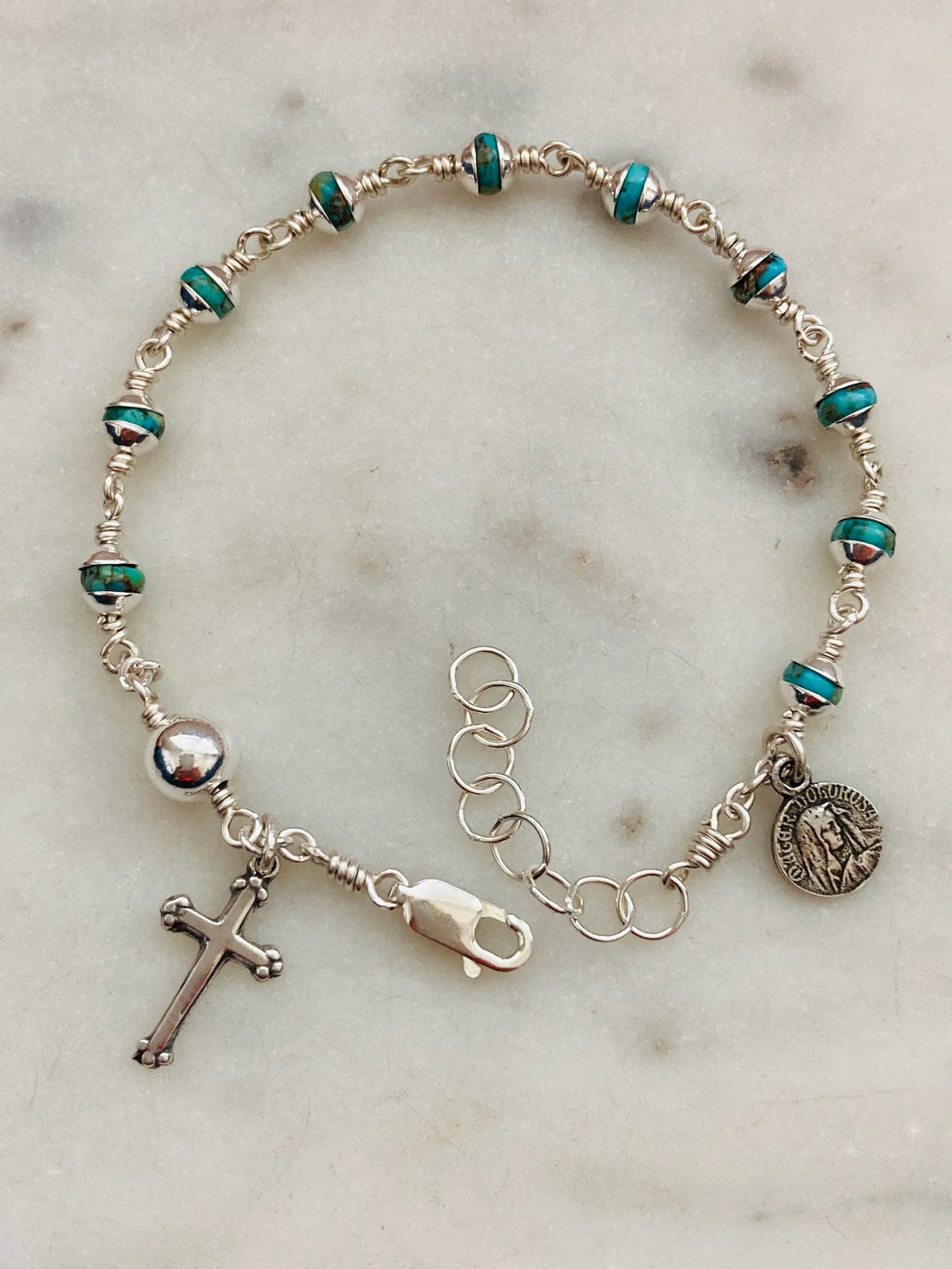 Beautiful All Sterling Turquoise Wire-wrapped Rosary Bracelet Sterling medals CeCeAgnes