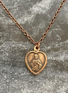 Our Lady of Mount Carmel Sacred Heard Solid Bronze Necklace