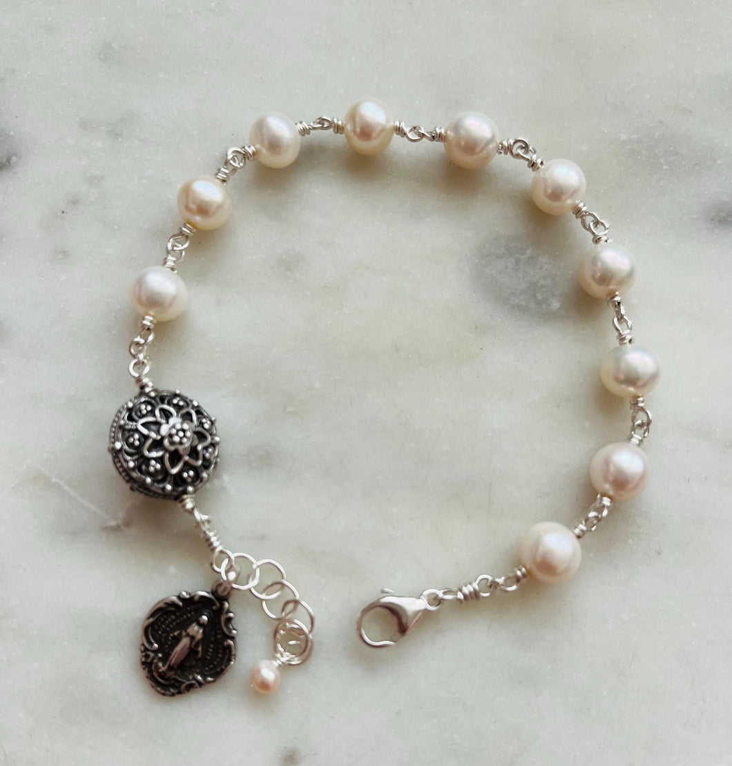 Freshwater Pearl Rosary Bracelet - All Sterling - Wire-wrapped CeCeAgnes