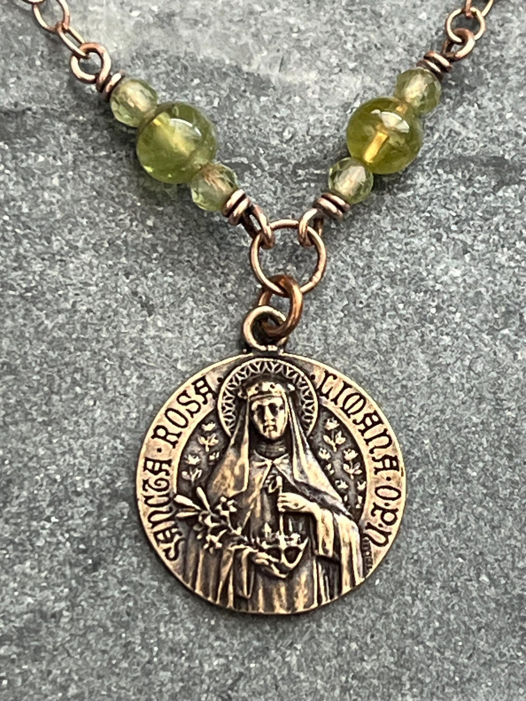 Saint Rose of Lima Necklace - Catholic August Birthday - Solid  Bronze - Peridot