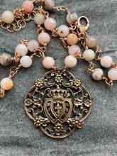 Load image into Gallery viewer, Two Hearts Rosary Necklace - Opal and Bronze
