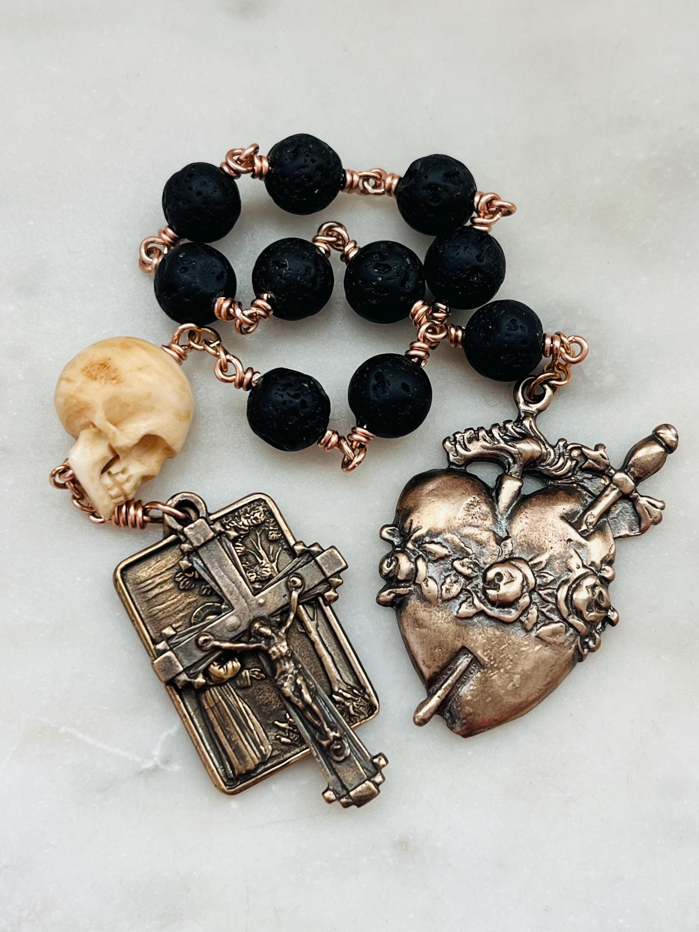 Memento Mori Rosary - Lava Beads and Ox Bone Skull CeCeAgnes
