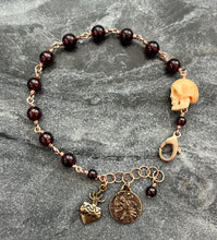 Load image into Gallery viewer, Memento Mori Rosary Bracelet - Sacred Heart and Saint Christopher - Solid Bronze and Garnet
