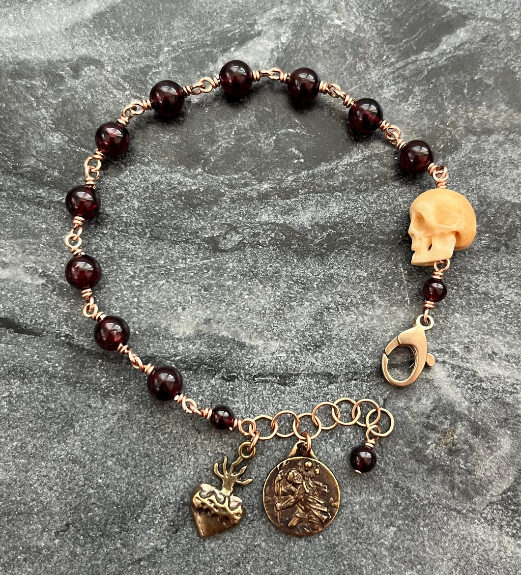 Memento Mori Rosary Bracelet - Sacred Heart and Saint Christopher - Solid Bronze and Garnet