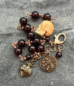 Memento Mori Rosary Bracelet - Sacred Heart and Saint Christopher - Solid Bronze and Garnet