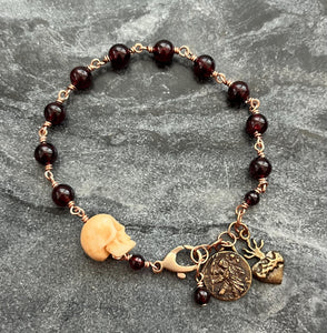 Memento Mori Rosary Bracelet - Sacred Heart and Saint Christopher - Solid Bronze and Garnet