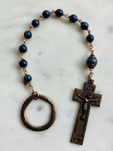 Load image into Gallery viewer, Sapphire Gemstone Irish Penal Rosary Bronze Crucifix, Single Decade
