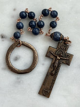Load image into Gallery viewer, Sapphire Gemstone Irish Penal Rosary Bronze Crucifix, Single Decade

