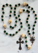 Load image into Gallery viewer, Memento Mori Rosary - Chrome Diopside - Bronze - Wire-wrapped - Fleur De Lis Center
