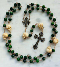 Load image into Gallery viewer, Memento Mori Rosary - Chrome Diopside - Bronze - Wire-wrapped - Fleur De Lis Center
