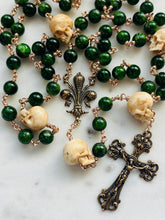 Load image into Gallery viewer, Memento Mori Rosary - Chrome Diopside - Bronze - Wire-wrapped - Fleur De Lis Center
