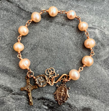Load image into Gallery viewer, Pearl Bronze Rosary Bracelet - Miraculous Medal and Saint Benedict Crucifix
