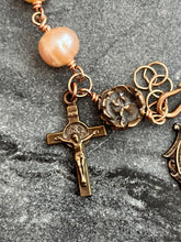 Load image into Gallery viewer, Pearl Bronze Rosary Bracelet - Miraculous Medal and Saint Benedict Crucifix
