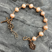 Load image into Gallery viewer, Pearl Bronze Rosary Bracelet - Miraculous Medal and Saint Benedict Crucifix
