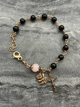 Load image into Gallery viewer, Miraculous Medal - Saint Benedict - Onyx Rose Quartz and Bronze Rosary Bracelet
