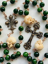 Load image into Gallery viewer, Memento Mori Rosary - Chrome Diopside - Bronze - Wire-wrapped - Fleur De Lis Center

