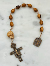 Load image into Gallery viewer, St. Francis Pocket Rosary: Olive Wood, Ox Bone Skull, Bronze Tenner
