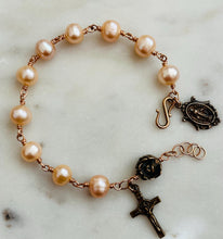 Load image into Gallery viewer, Pearl Bronze Rosary Bracelet - Miraculous Medal and Saint Benedict Crucifix
