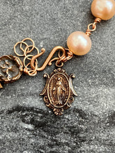 Load image into Gallery viewer, Pearl Bronze Rosary Bracelet - Miraculous Medal and Saint Benedict Crucifix
