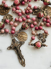 Load image into Gallery viewer, Pink Rhodonite Rosary - Roses - Bronze - Antique Reproduction Medals - wire-wrapped CeCeAgnes
