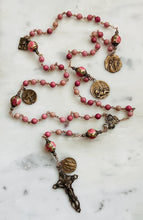 Load image into Gallery viewer, Pink Rhodonite Rosary - Roses - Bronze - Antique Reproduction Medals - wire-wrapped CeCeAgnes
