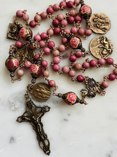 Load image into Gallery viewer, Pink Rhodonite Rosary - Roses - Bronze - Antique Reproduction Medals - wire-wrapped CeCeAgnes
