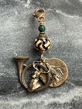 Load image into Gallery viewer, Bag Charm Saint Hubert and Roch Hunting Zipper Pull - Carved Ox Bone and Bronze
