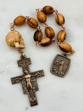 Load image into Gallery viewer, St. Francis Pocket Rosary: Olive Wood, Ox Bone Skull, Bronze Tenner
