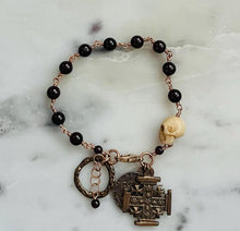 Load image into Gallery viewer, Memento Mori Rosary Bracelet - Solid Bronze and Garnet - Saint Benedict - Jerusalem Cross - Penal Rosary
