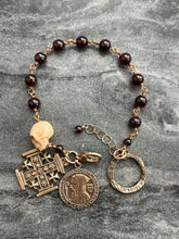 Load image into Gallery viewer, Memento Mori Rosary Bracelet - Solid Bronze and Garnet - Saint Benedict - Jerusalem Cross - Penal Rosary
