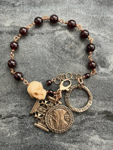 Load image into Gallery viewer, Memento Mori Rosary Bracelet - Solid Bronze and Garnet - Saint Benedict - Jerusalem Cross - Penal Rosary
