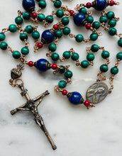 Load image into Gallery viewer, Malachite Gemstone Rosary: Lapis and Coral Accent Beads
