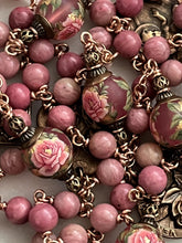 Load image into Gallery viewer, Pink Rhodonite Rosary - Roses - Bronze - Antique Reproduction Medals - wire-wrapped CeCeAgnes
