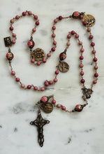 Load image into Gallery viewer, Pink Rhodonite Rosary - Roses - Bronze - Antique Reproduction Medals - wire-wrapped CeCeAgnes
