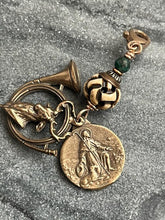 Load image into Gallery viewer, Bag Charm Saint Hubert and Roch Hunting Zipper Pull - Carved Ox Bone and Bronze
