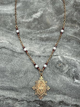 Load image into Gallery viewer, Sacred Heart Necklace - Catholic - Solid  Bronze - Pearls and Garnets
