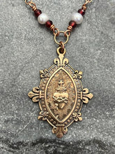 Load image into Gallery viewer, Sacred Heart Necklace - Catholic - Solid  Bronze - Pearls and Garnets
