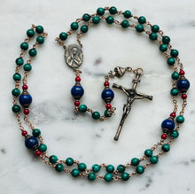Load image into Gallery viewer, Malachite Gemstone Rosary: Lapis and Coral Accent Beads
