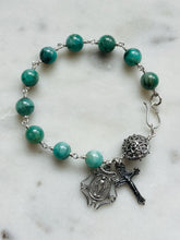 Load image into Gallery viewer, Handmade Emerald Rosary Bracelet: Sterling Silver Wire-Wrapped Medals
