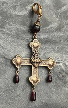 Load image into Gallery viewer, Sacred Heart Cross Bag Charm - Solid Bronze and Garnet
