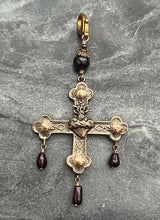 Load image into Gallery viewer, Sacred Heart Cross Bag Charm - Solid Bronze and Garnet
