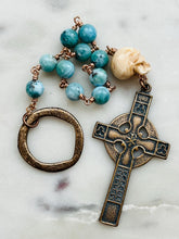 Load image into Gallery viewer, Irish Penal Rosary: Larimar Gemstones, Bronze Celtic Cross, Ox Bone Skull
