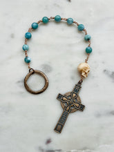 Load image into Gallery viewer, Irish Penal Rosary: Larimar Gemstones, Bronze Celtic Cross, Ox Bone Skull

