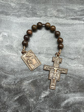 Load image into Gallery viewer, Saint Francis Tenner - Bronze and leather - Penal Pocket Rosary
