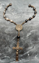 Load image into Gallery viewer, Bronze Saint Benedict Auto Rosary: Ombré Crystal Pearls, Car Rear View Mirror

