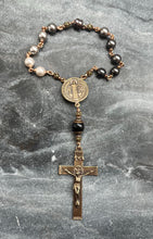 Load image into Gallery viewer, Bronze Saint Benedict Auto Rosary: Ombré Crystal Pearls, Car Rear View Mirror
