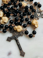 Load image into Gallery viewer, Memento Mori Rosary: Ebony, Bone Skulls, Bronze Pardon Crucifix
