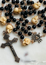 Load image into Gallery viewer, Memento Mori Rosary: Ebony, Bone Skulls, Bronze Pardon Crucifix
